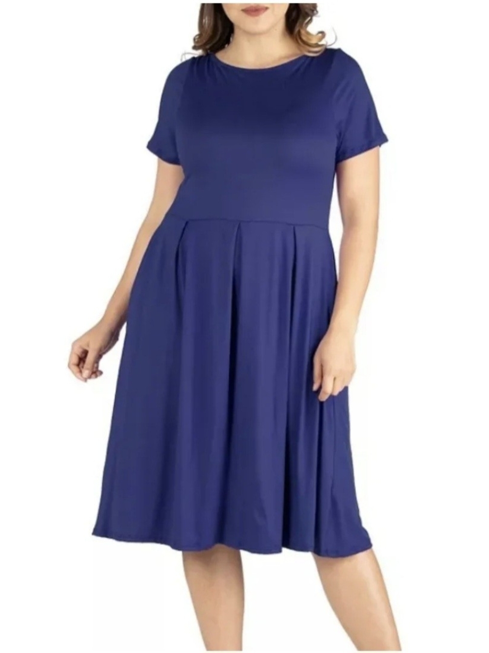 24/7 Comfort Apparel Short Sleeve Midi Dress in Navy Blue